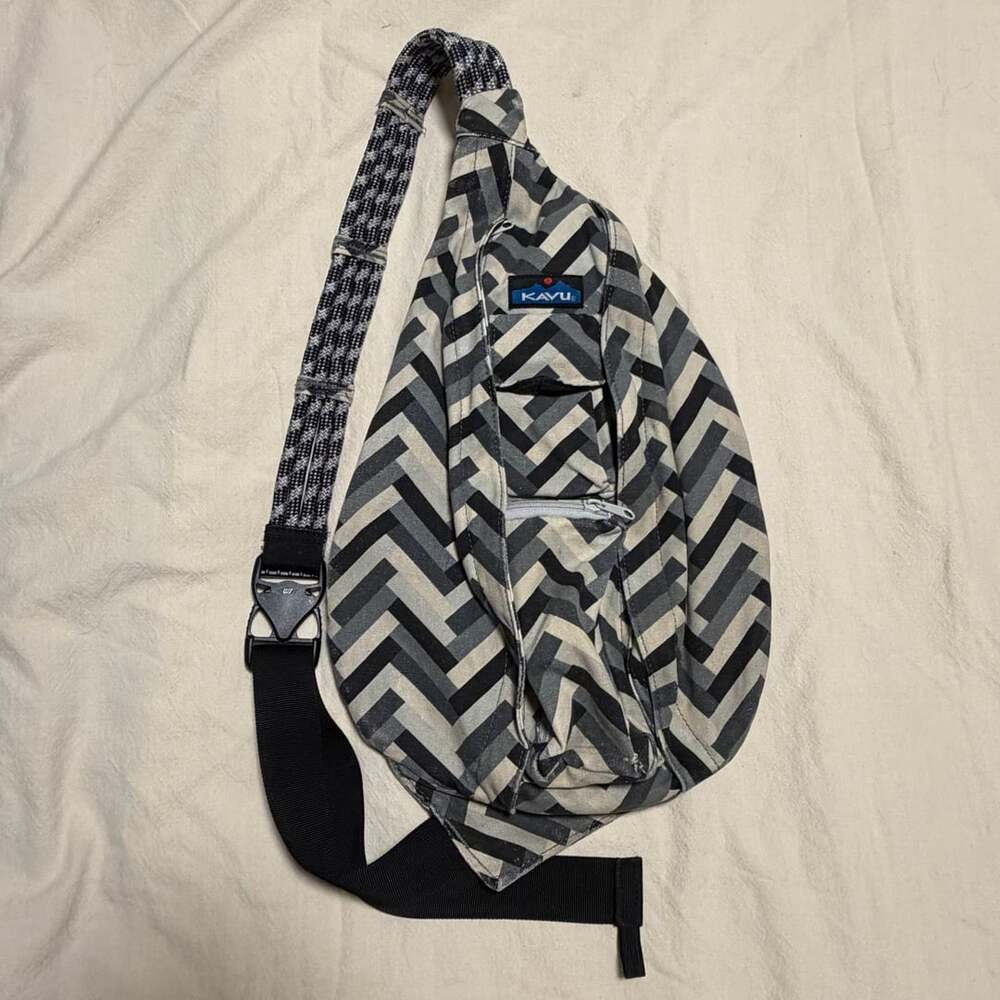 KAVU Rope Bag Crossbody Sling Stone Parquet Black Grey Cream